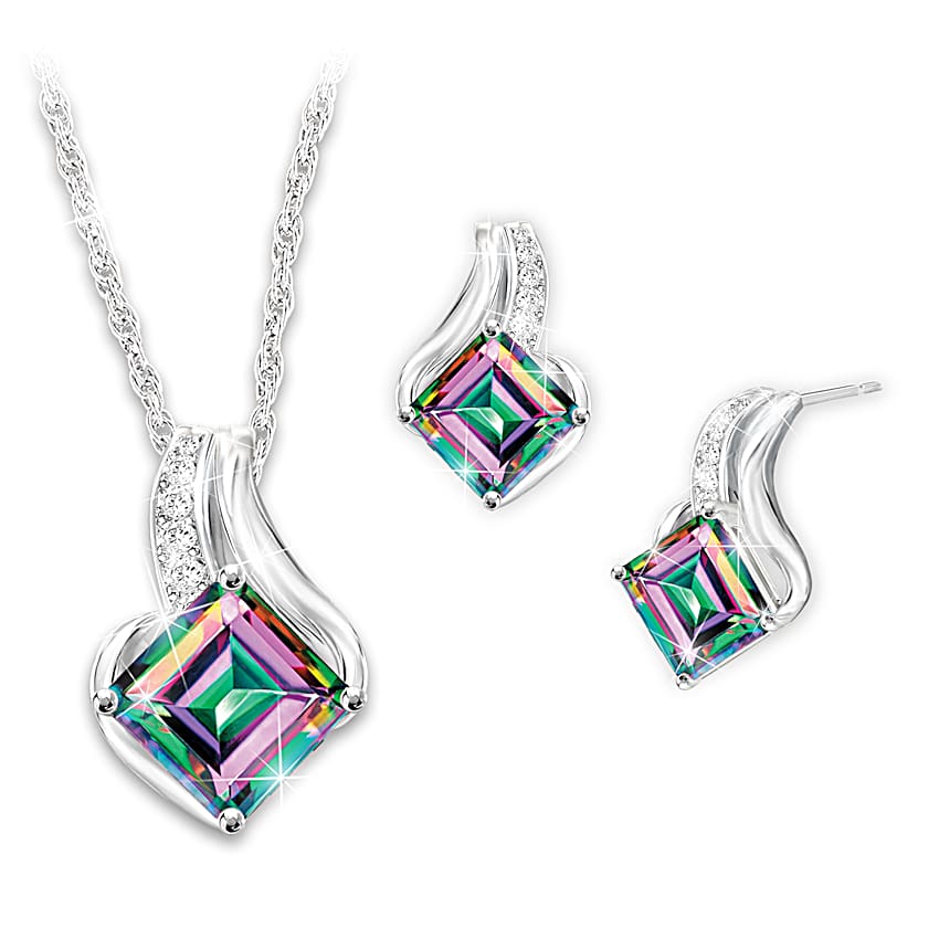 Womens Princess-Cut Mystic Topaz Pendant And Earrings Set Inspired