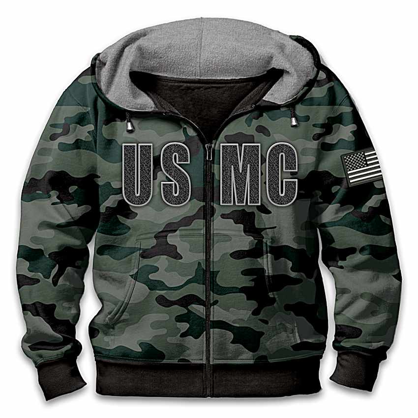 Military Camo U.S. Marines Mens Cotton Blend Full-Zip Hoodie