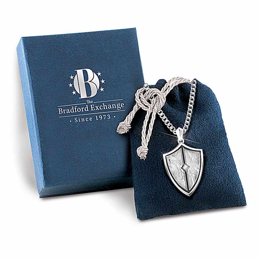 Grandson Stainless Steel Shield Pendant Featuring A Damascus