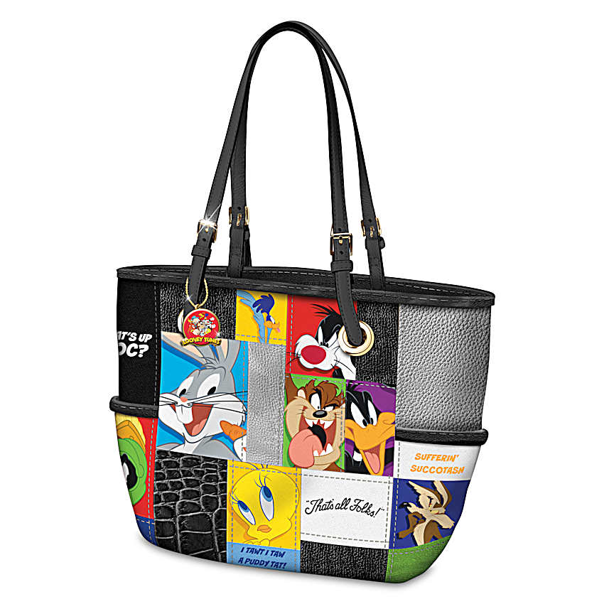 LOONEY TUNES Womens Black Faux Leather Tote Bag With Gold-Toned