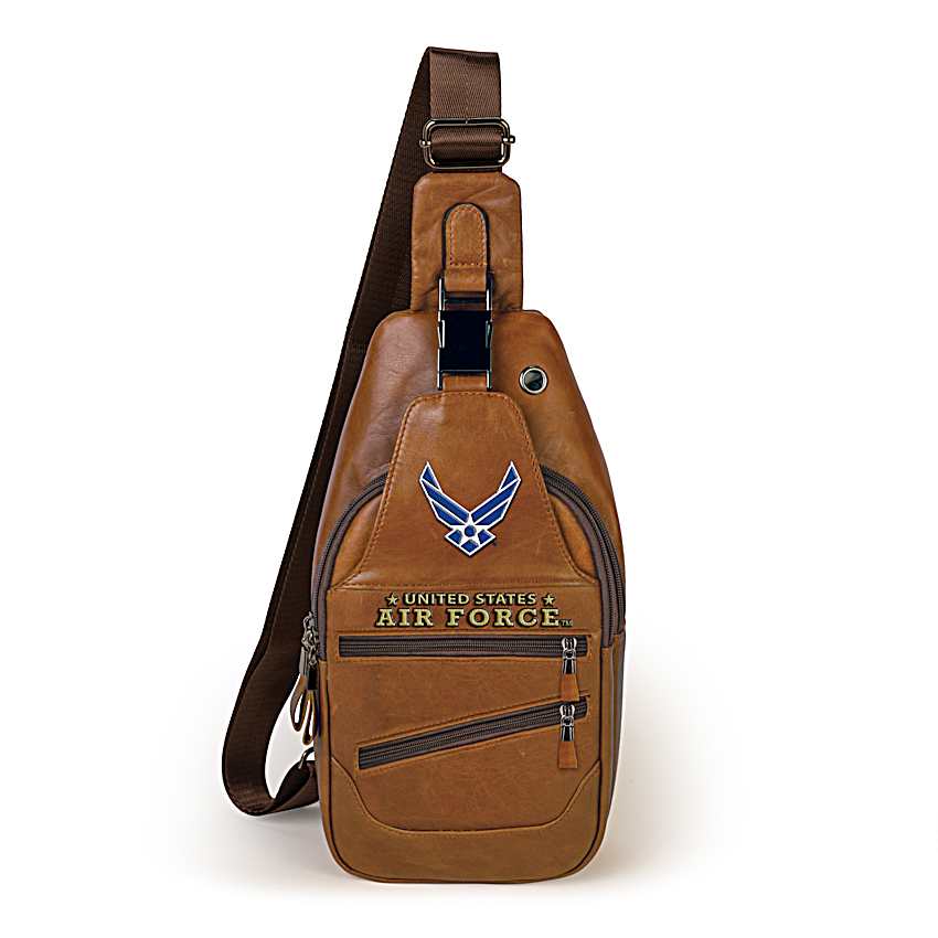 U.S. Air Force Mens Brown Faux Leather Crossbody Sling Bag Adorned