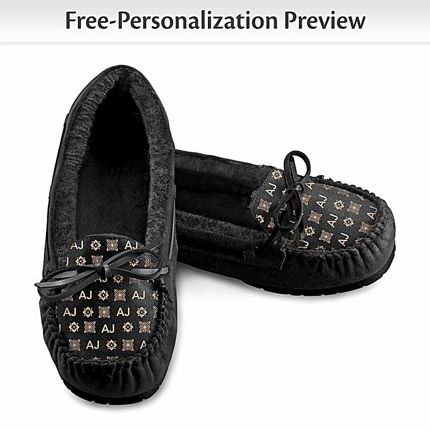 Just My Style Personalized Black Suede Moccasin-Style Slippers