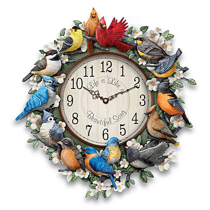 Songbird Melodies Sculptural Wall Clock Featuring 12 Hand-Painted