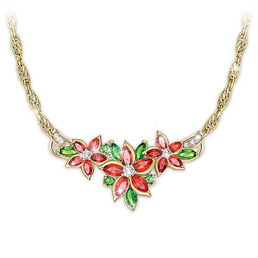 Gold-Tone Poinsettia Bracelet, Pendant & Earrings Set Adorned With
