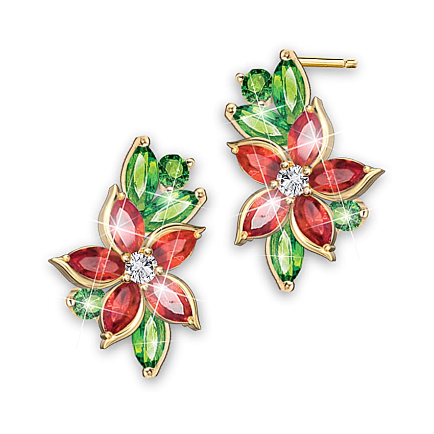 Gold-Tone Poinsettia Bracelet, Pendant & Earrings Set Adorned With