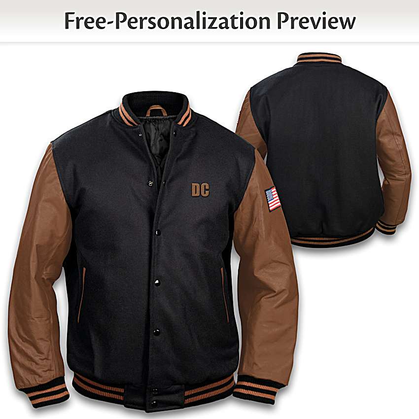 Personalized Mens Black Wool Blend Varsity Jacket Featuring Brown