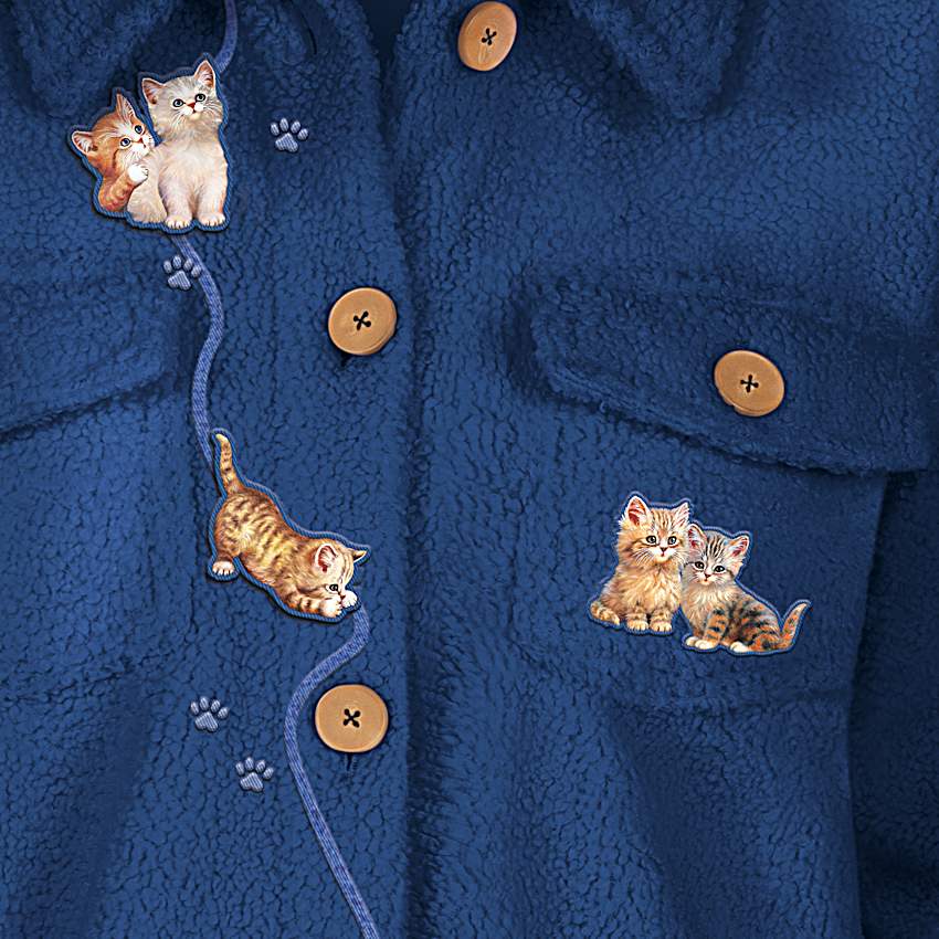 Womens Sherpa Fleece Blue Jacket With Wooden Buttons And Adorned