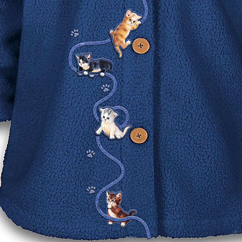 Womens Sherpa Fleece Blue Jacket With Wooden Buttons And Adorned