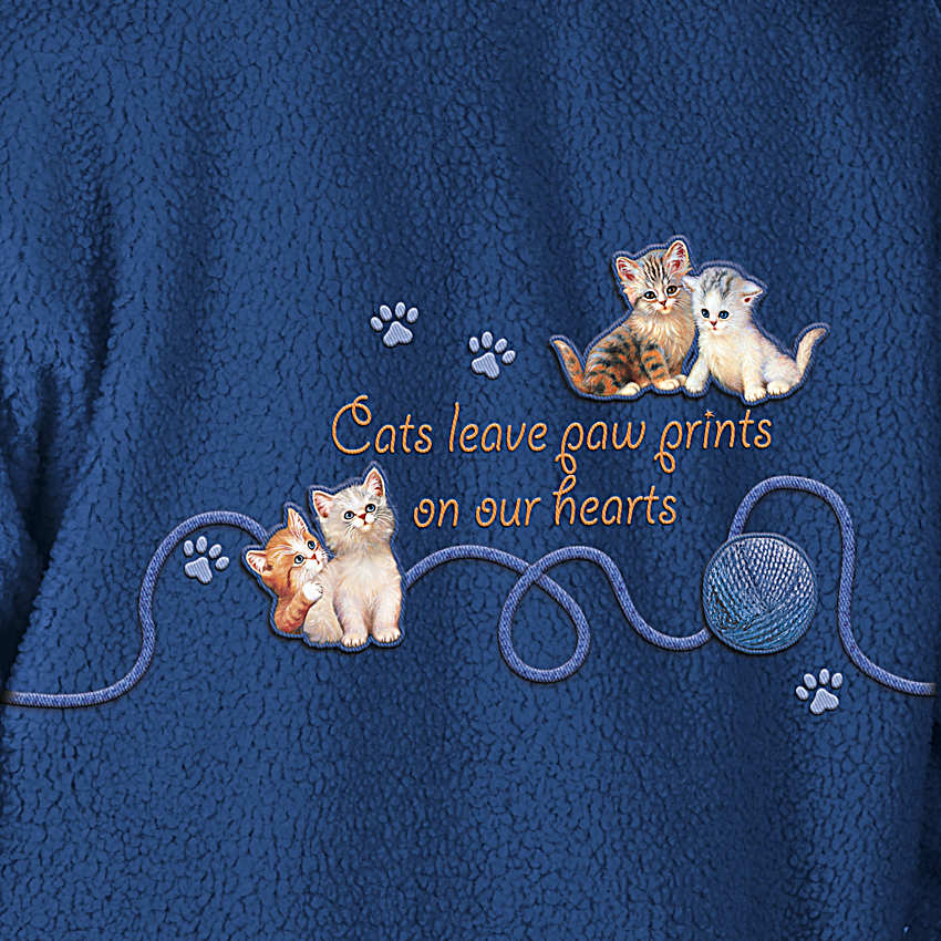 Womens Sherpa Fleece Blue Jacket With Wooden Buttons And Adorned