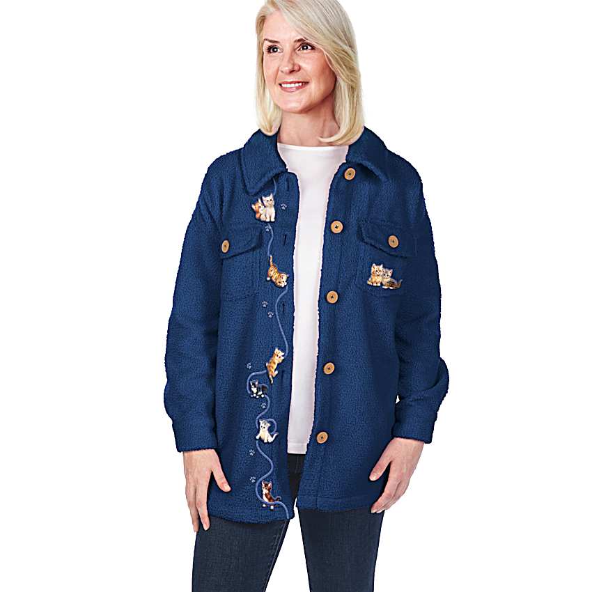 Womens Sherpa Fleece Blue Jacket With Wooden Buttons And Adorned