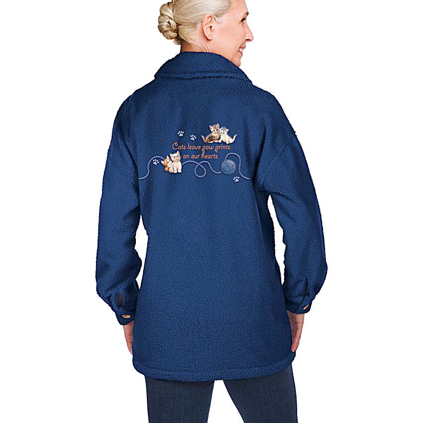 Womens Sherpa Fleece Blue Jacket With Wooden Buttons And Adorned