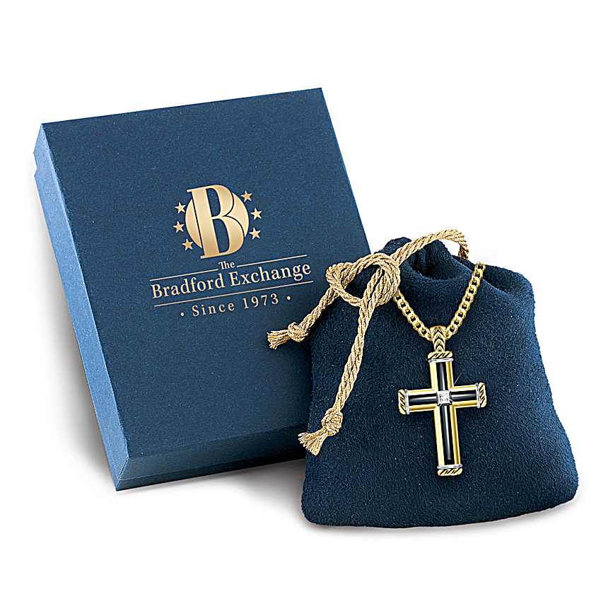Mens Half-Domed Black Onyx Religious Cross Pendant Ion-Plated In