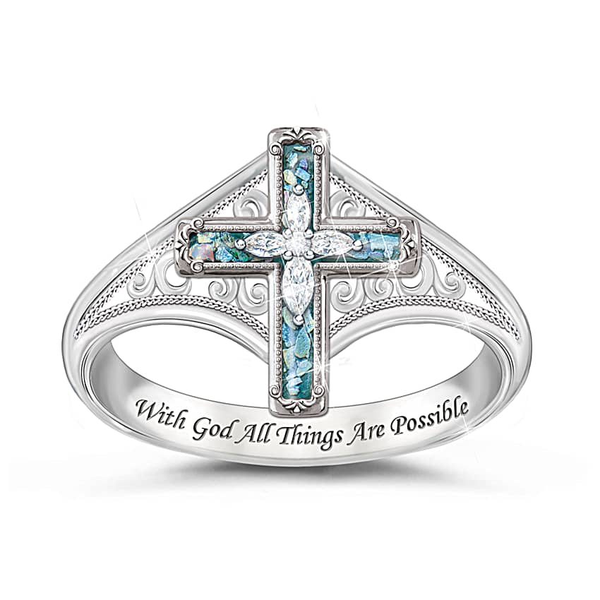Sterling Silver Christian Cross Ring Adorned With White Topaz And