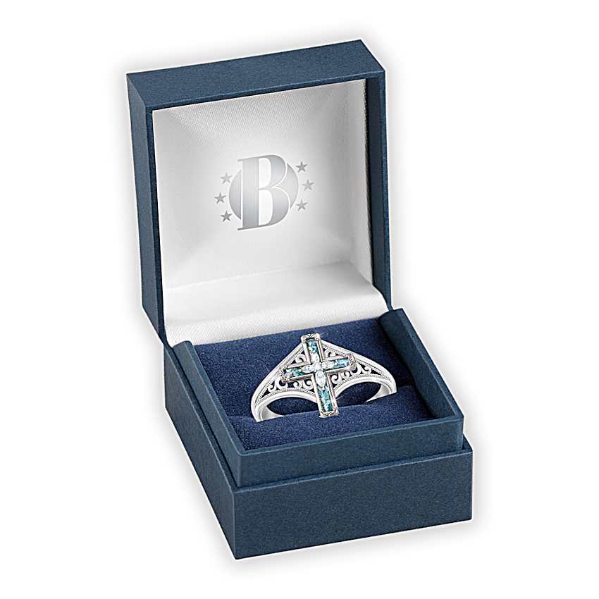 Sterling Silver Christian Cross Ring Adorned With White Topaz And