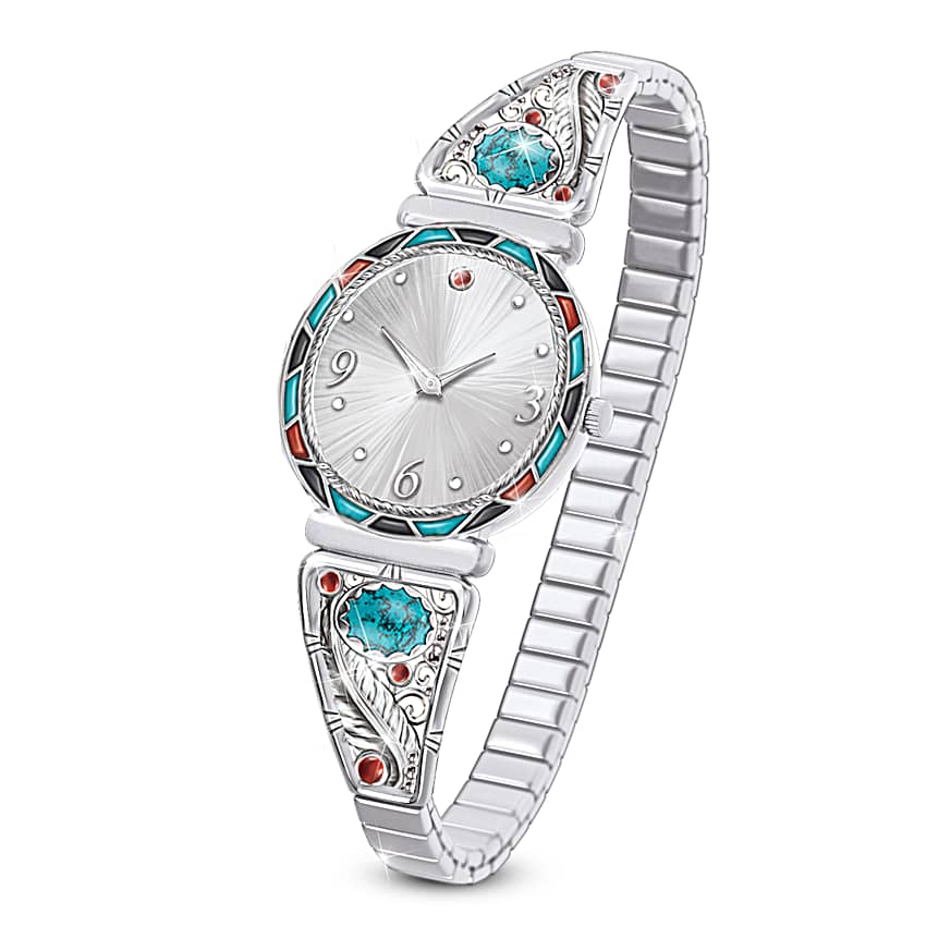 Southwest Silver Tone Watch With Sculpted Eagle Feathers And  display picture 3