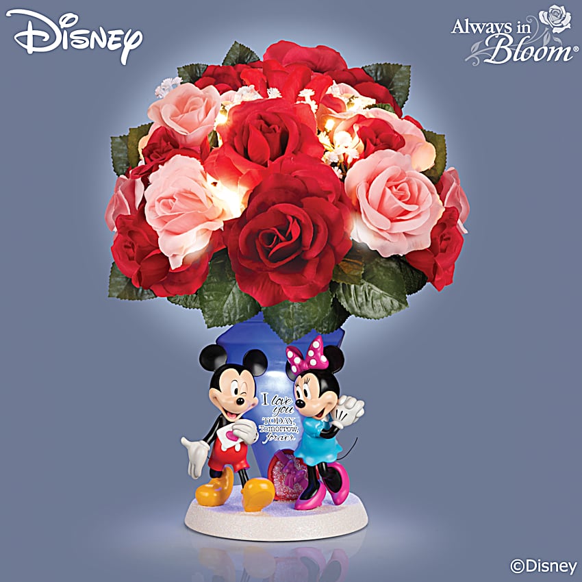 Illuminated Faux Rose Table Centerpiece With A Sculpted Base Of