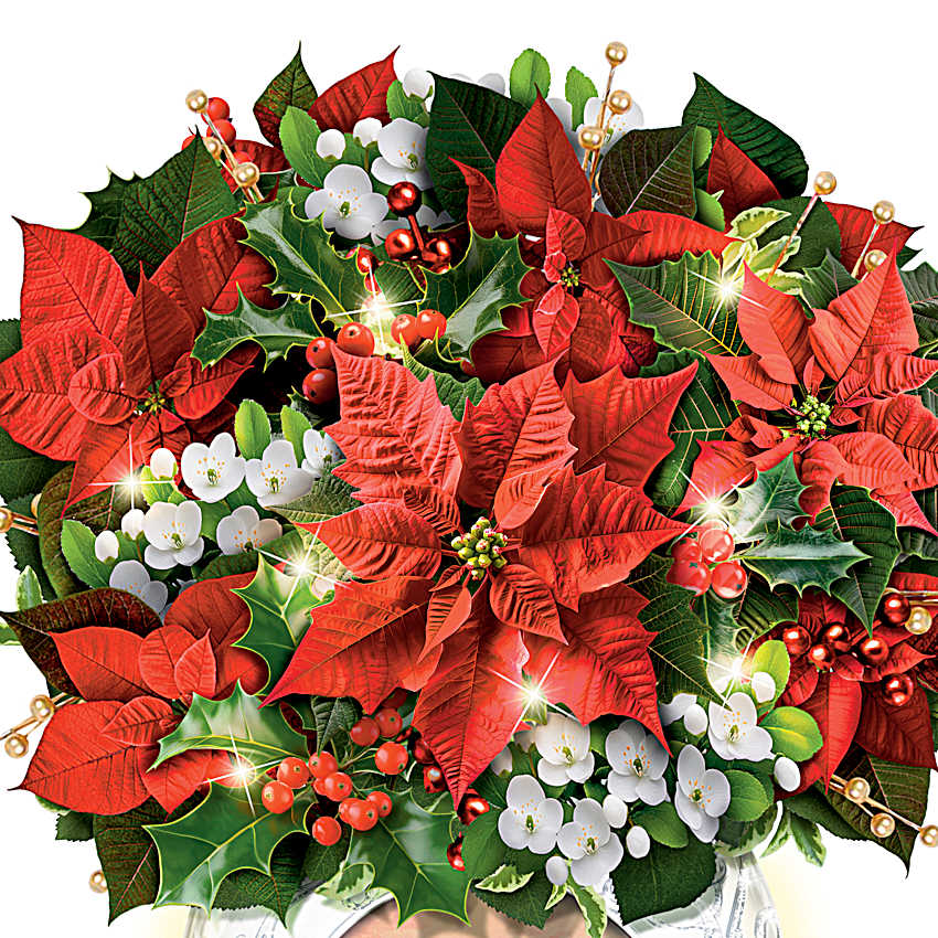 Illuminated Faux Poinsettia Table Centerpiece Featuring A Glass