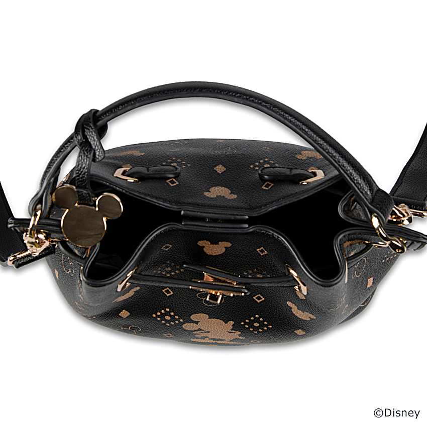 Black Faux Leather Bucket Bag Adorned With An All Over Pattern Of