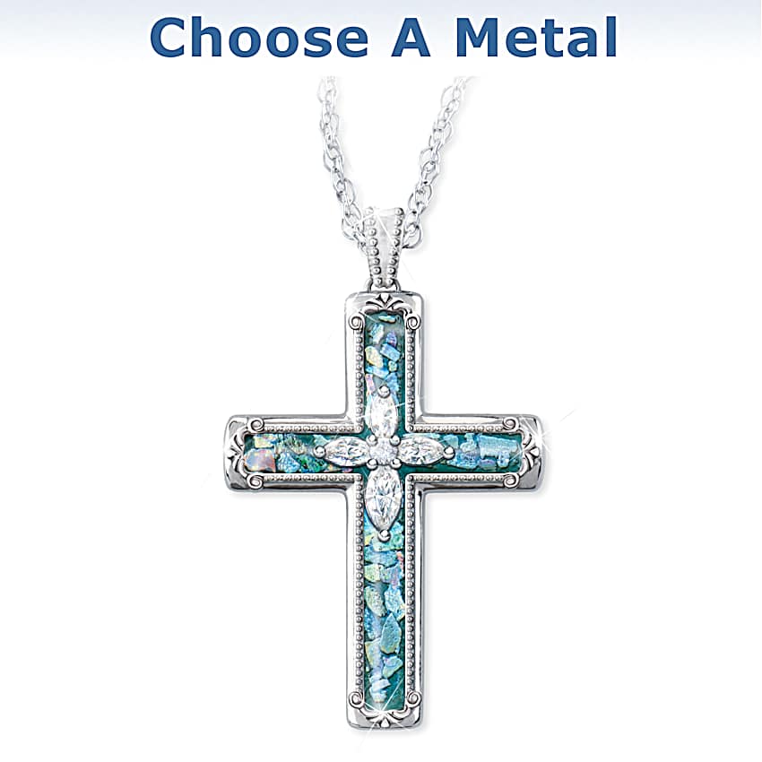 Christian Cross Pendant With White Topaz Accents And Inlaid With