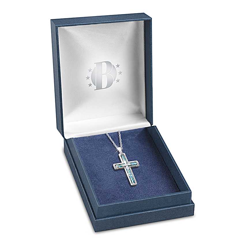 Christian Cross Pendant With White Topaz Accents And Inlaid With