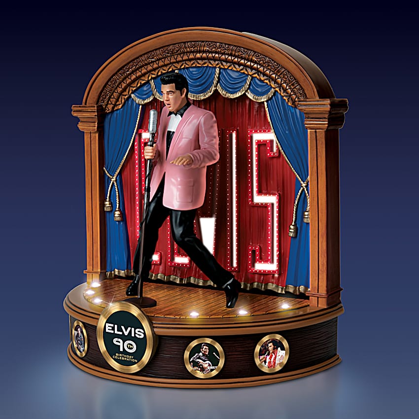 Illuminated Hand-Painted Sculpture Depicting Elvis Performing On