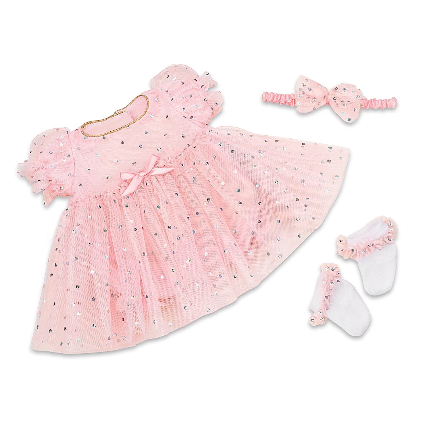 Celebration Dress Baby Doll Accessory Set With Metallic Dots, White  Fold-Over Socks & Matching Headband