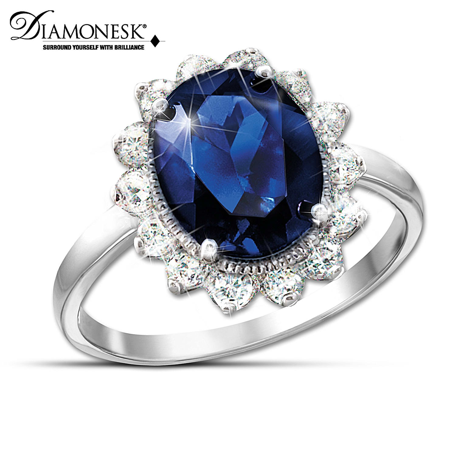 Princess Diana Replica Ring With Created Blue Sapphire Center Stone And 14 Simulated Diamonds