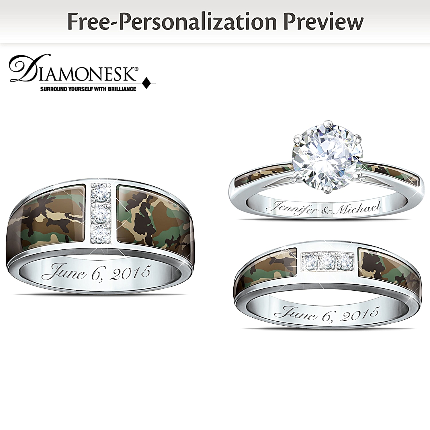 Camo His And Hers Personalized Engraved Wedding Ring Set