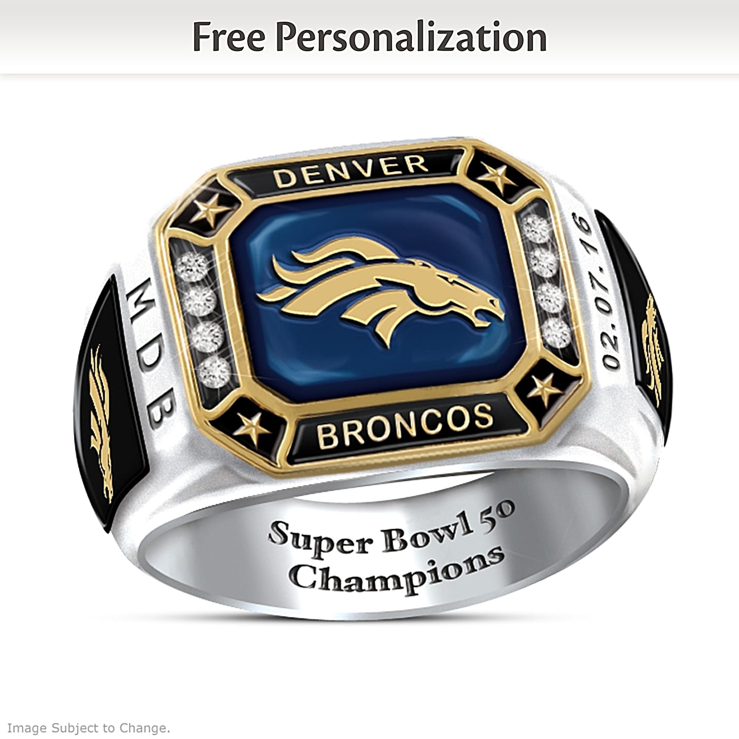 Broncos Super Bowl 50 Pride Personalized Commemorative Mens Stainless Steel Ring
