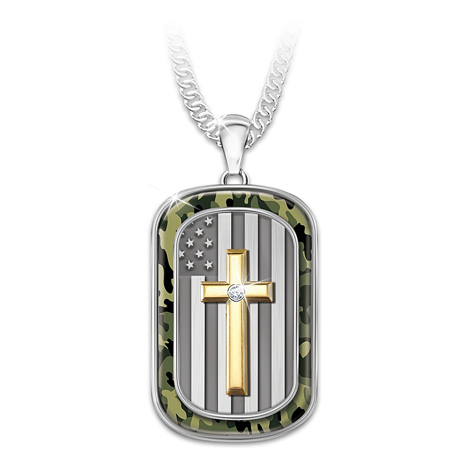 American Flag Patriotic Necklace Military Dog Tag Style With Chain