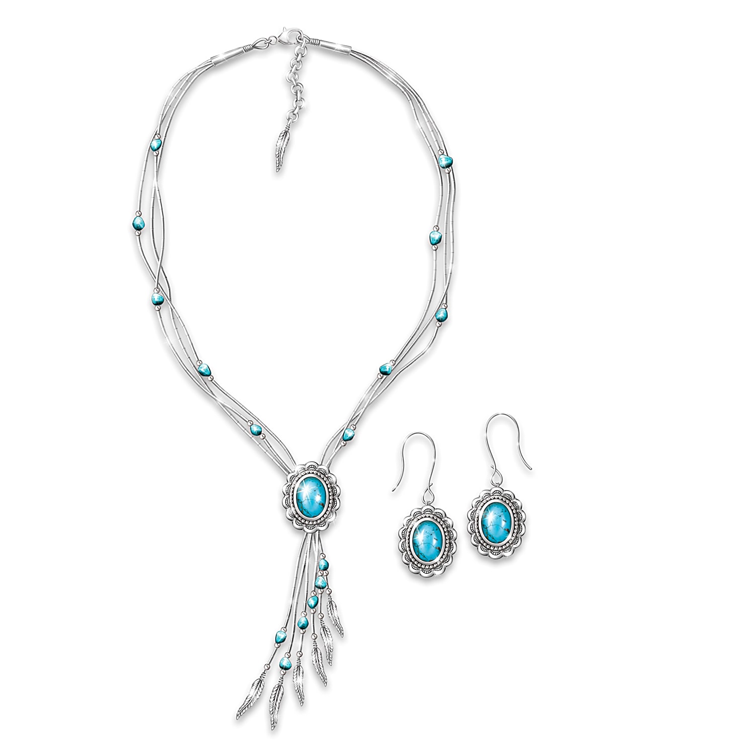 Womens Southwest Inspired Liquid Silver Turquoise Necklace And Earrings Set