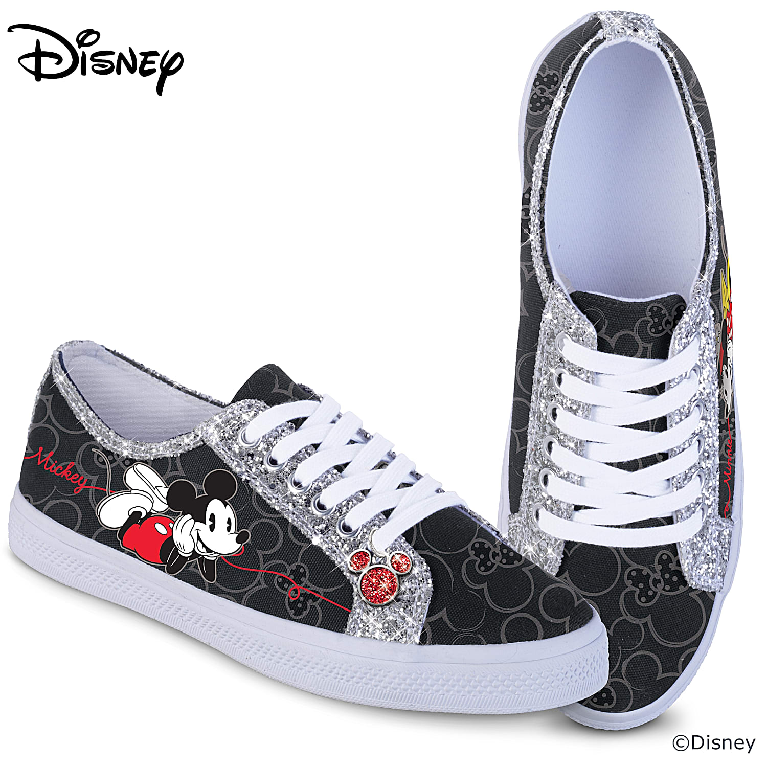 Classic Disney Womens Canvas Shoes With Glitter Trim Mickey Mouse Head Charm