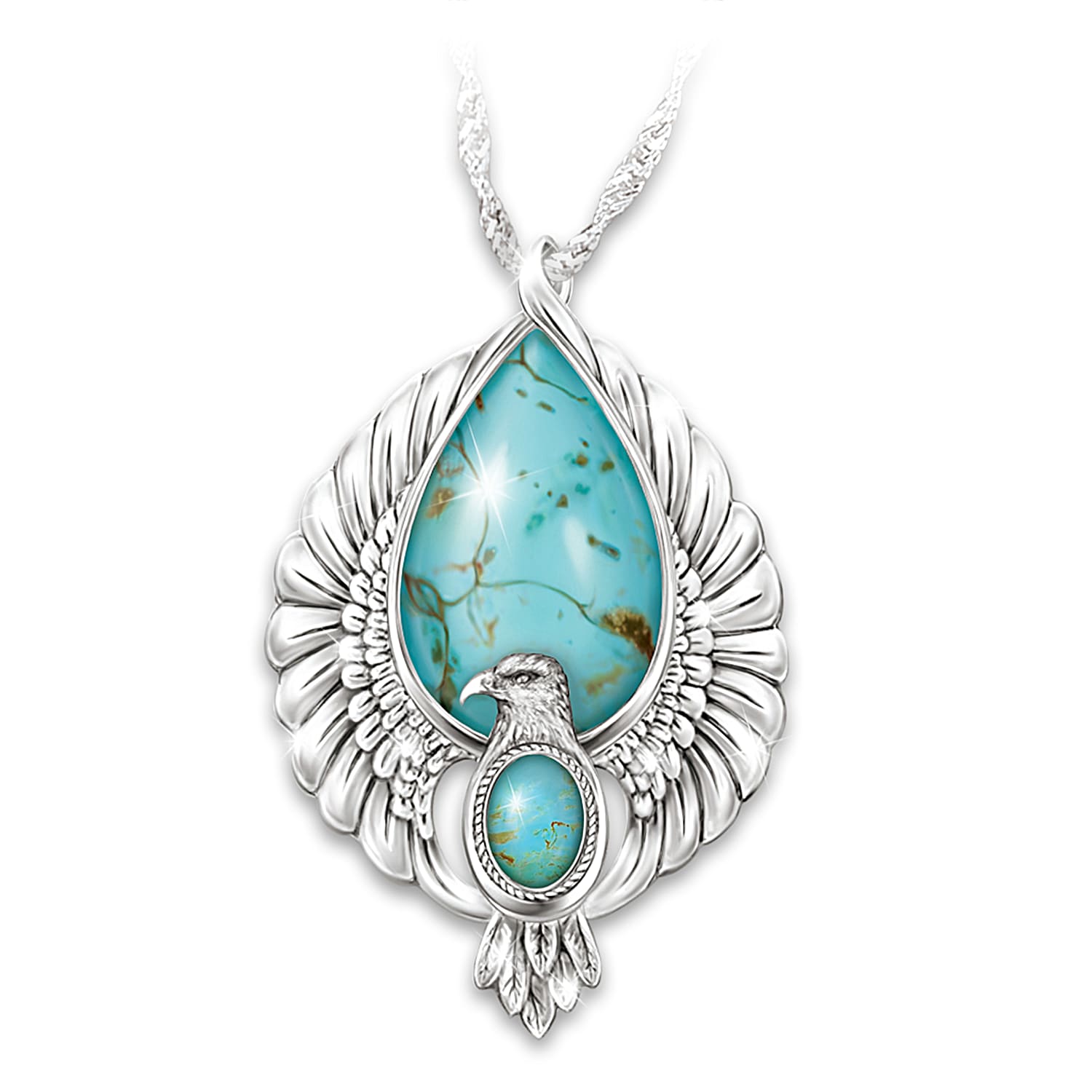 Rhodium Plated Pendant Necklace Featuring A Hand Sculpted Eagle With A Turquoise Center Stone