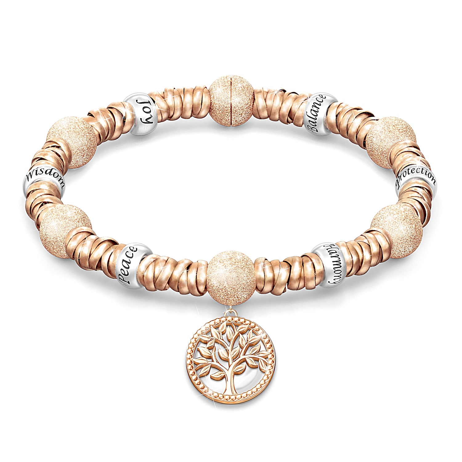 Tree Of Life Copper Bracelet Adorned With 6 Silver Tone Rondelles Inscribed With Inspirational Words And A Sculpted Charm With A Milgrain Border