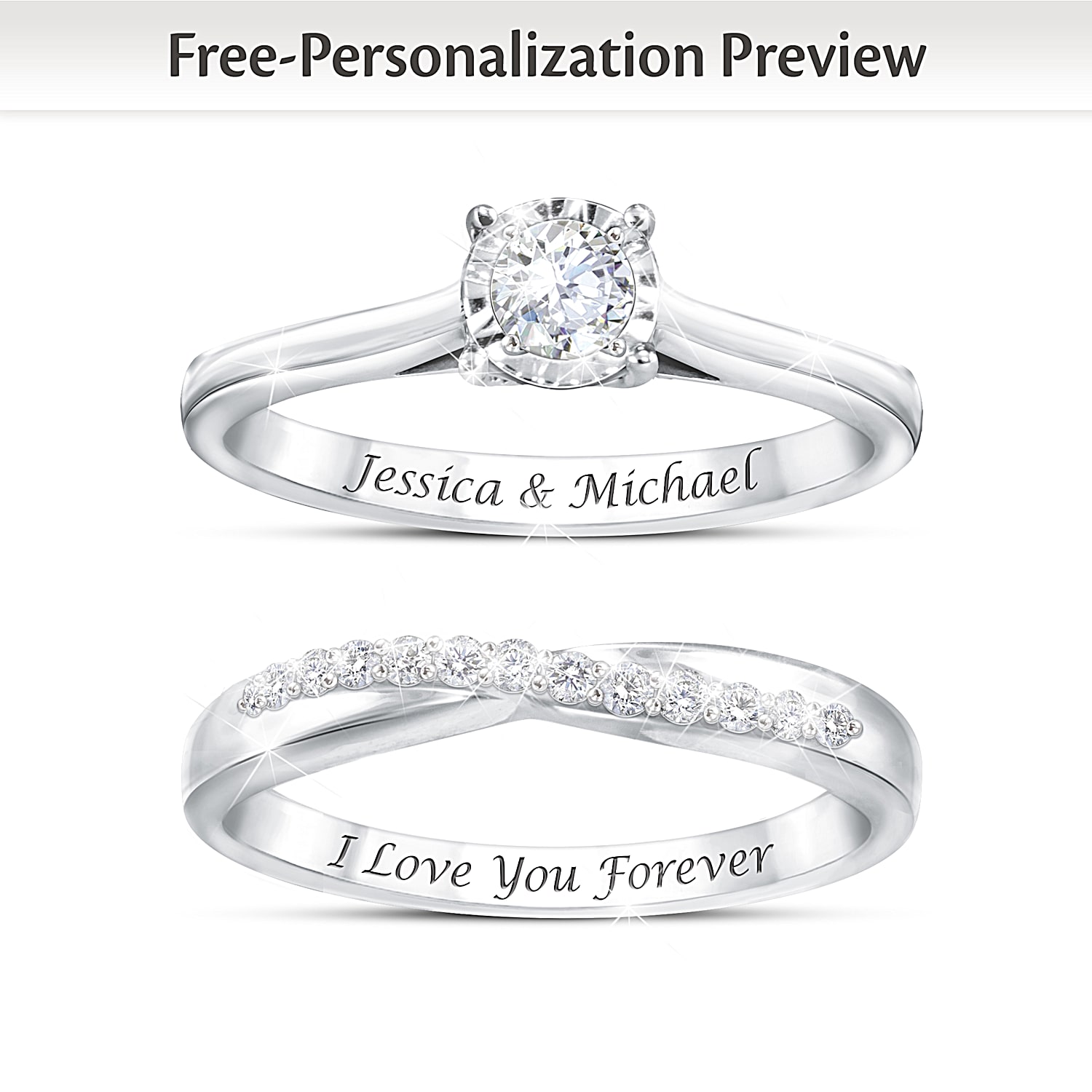 Everlasting Love Womens Personalized Platinum Plated Engagement Wedding Band Bridal Ring Set Adorned With Over A Dozen Diamonds
