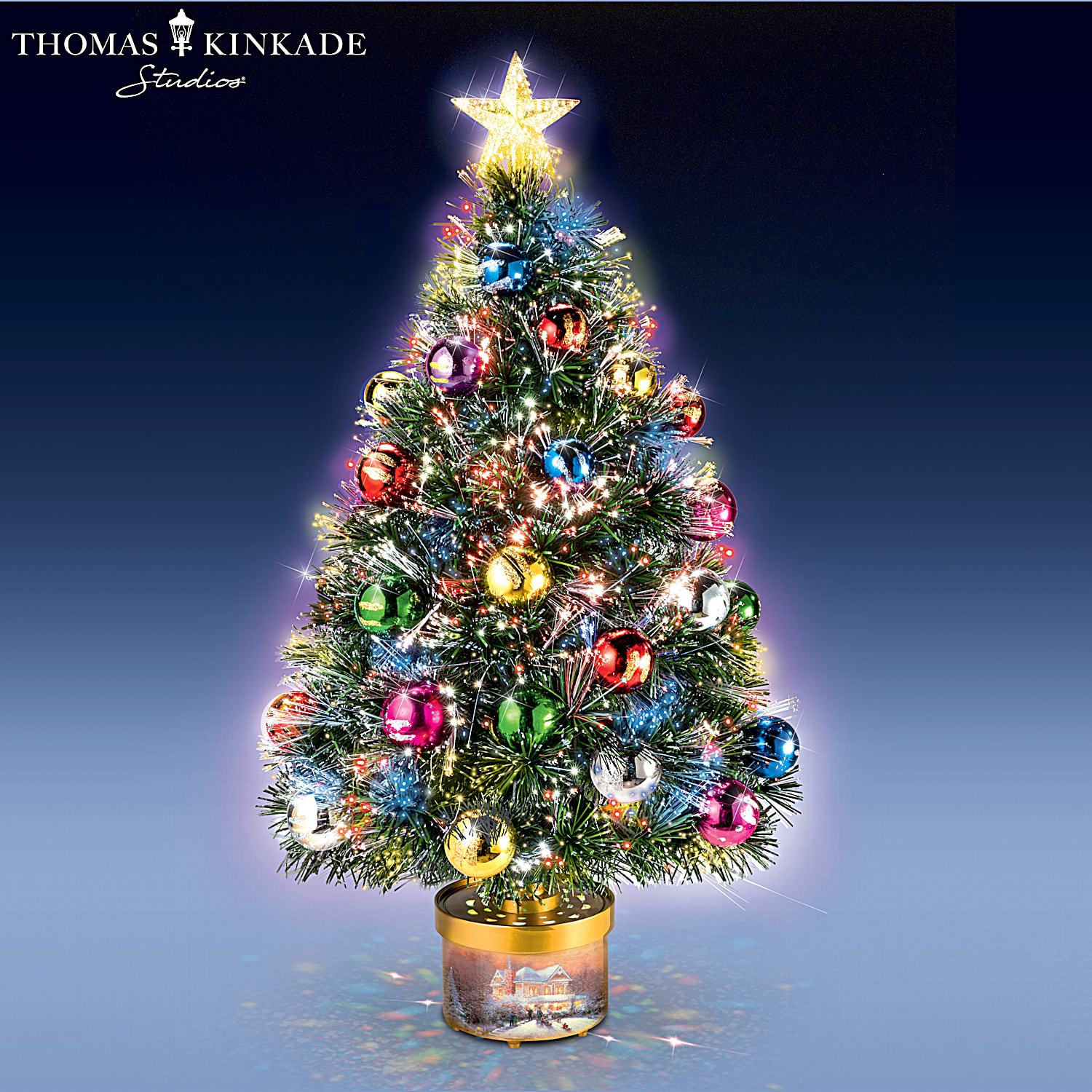 Thomas Kinkade Wonderlight Rotating Tabletop Christmas Tree With Color Changing Fiber Optic Lights Illuminated Star Topper