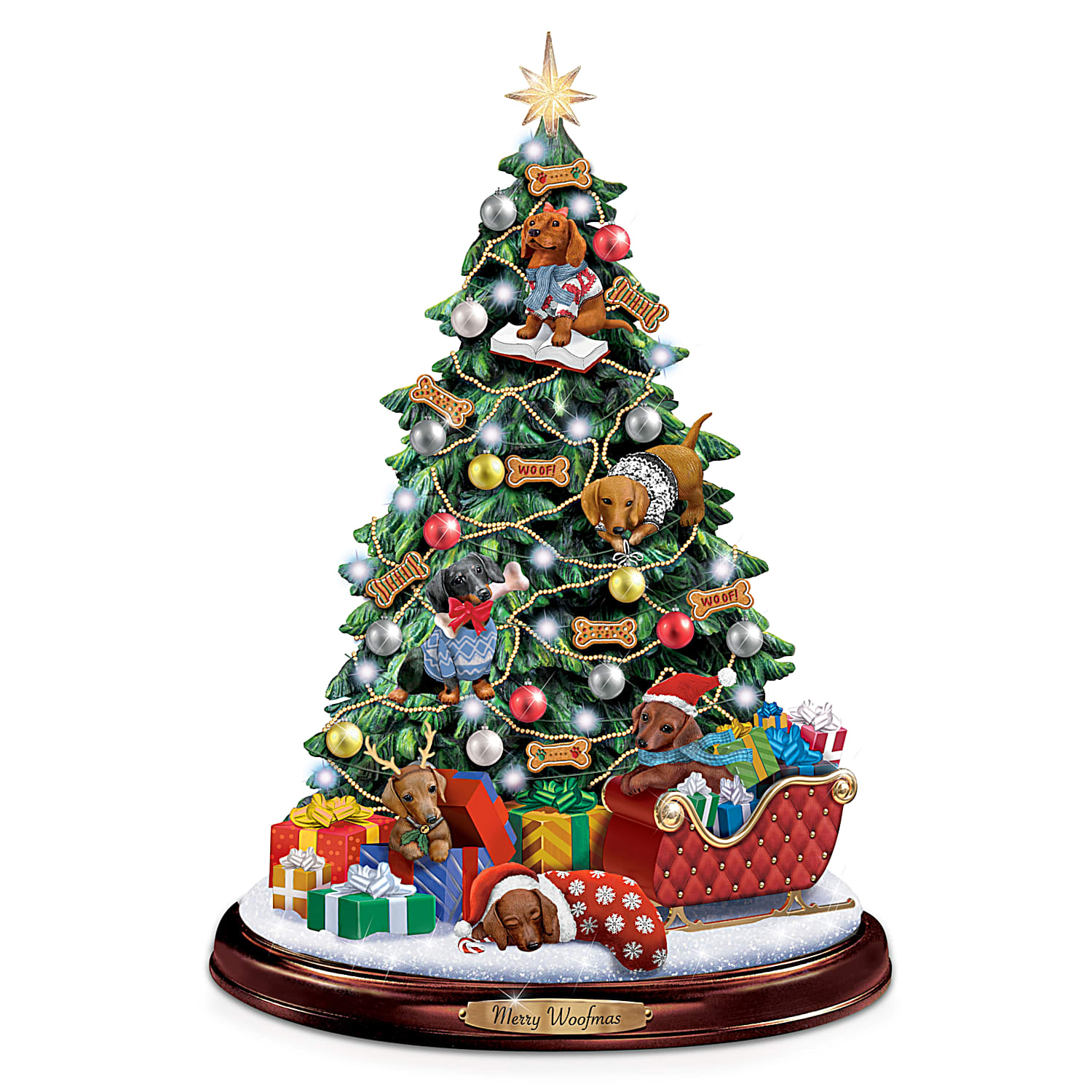 Making Spirits Bright Dachshund Illuminated Tabletop Christmas Tree Featuring Hand Painted Dachshund Sculptures A Star Shaped Topper