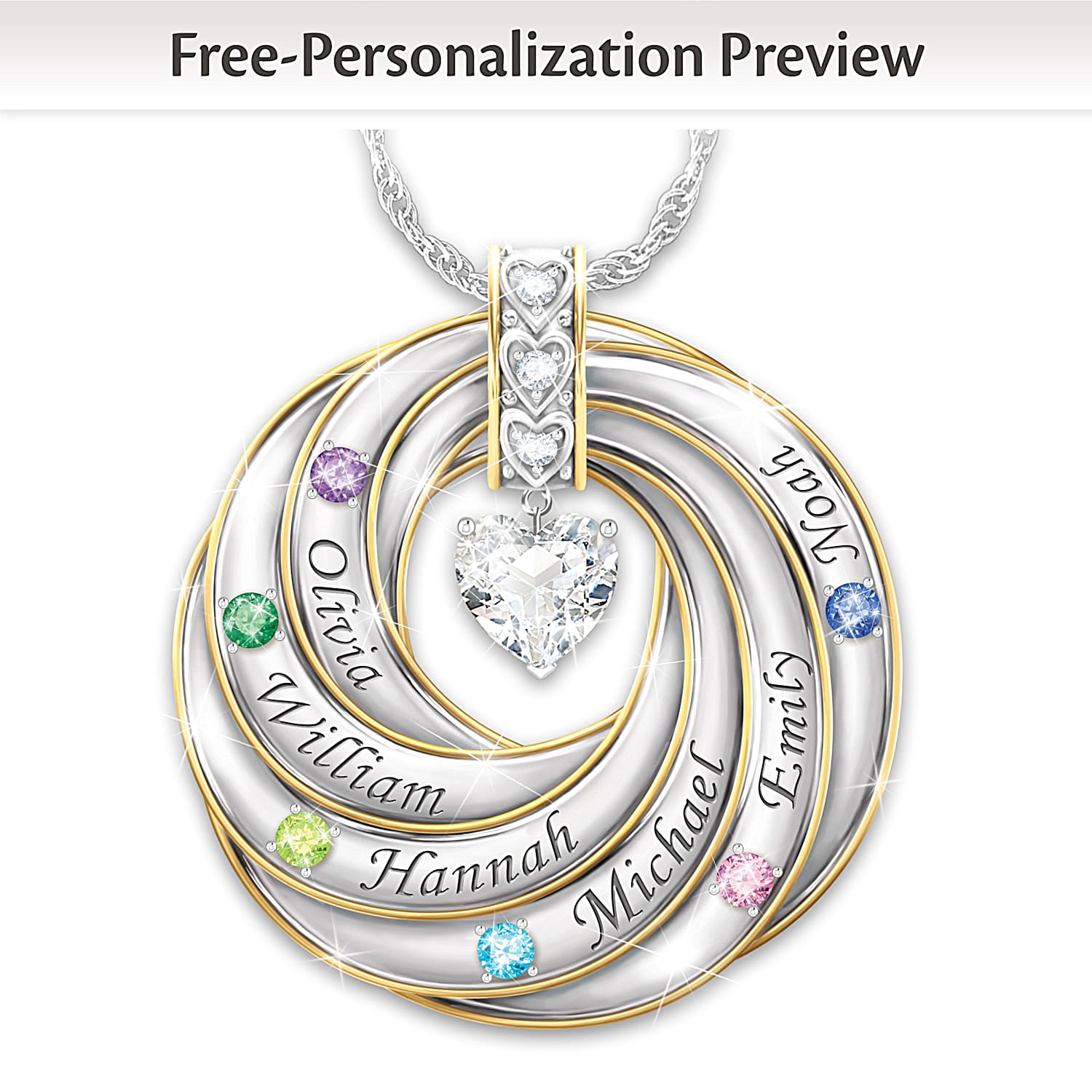 Our Family Of Strength Love Personalized Sterling Silver Plated Pendant Necklace With 18K Gold Plated Accents Adorned With Up To 6 Crystals