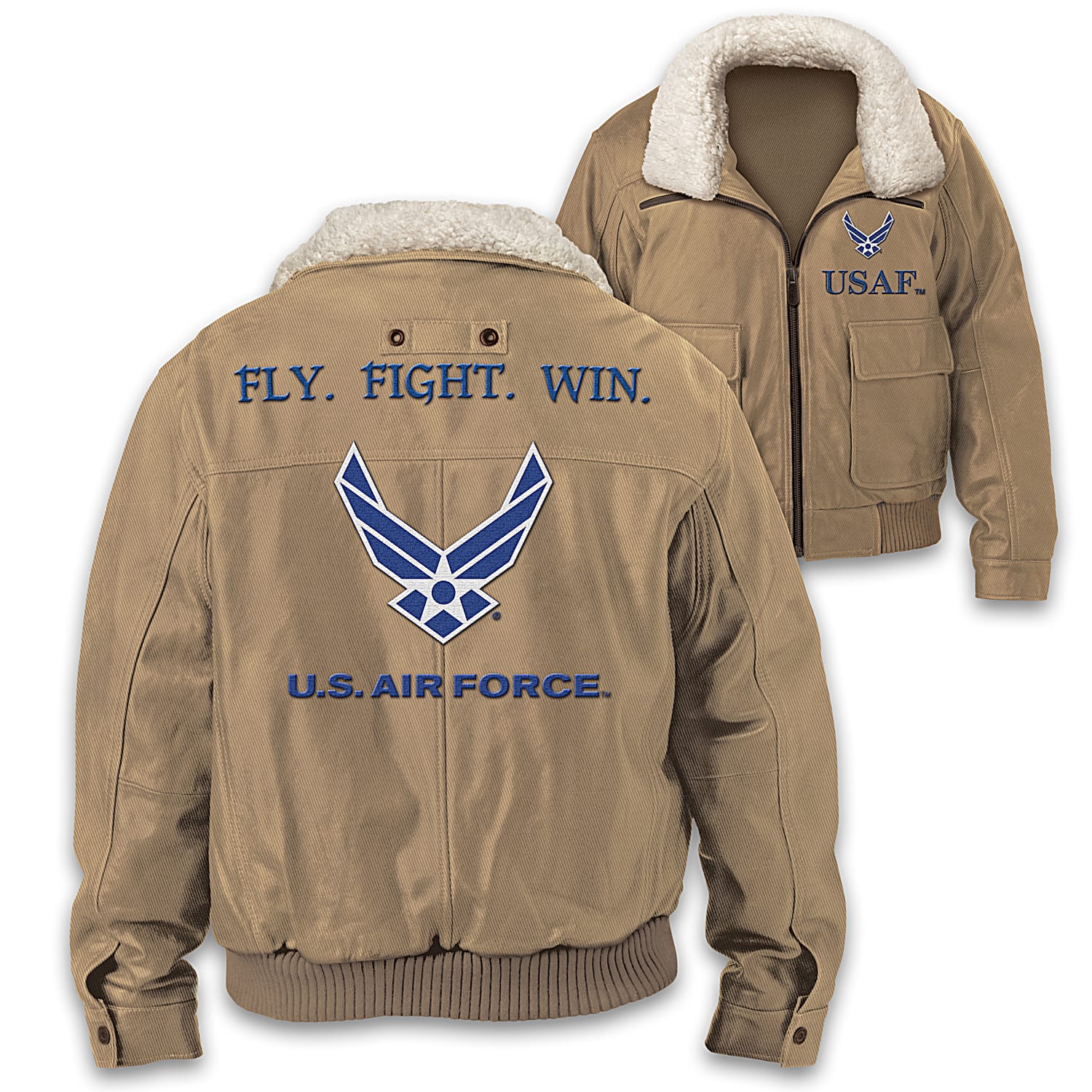 U.S. Air Force Fly. Fight. Win. Mens 100% Cotton Twill Khaki Bomber Jacket  Featuring The USAF Wings Symbol With Removable Sherpa Collar