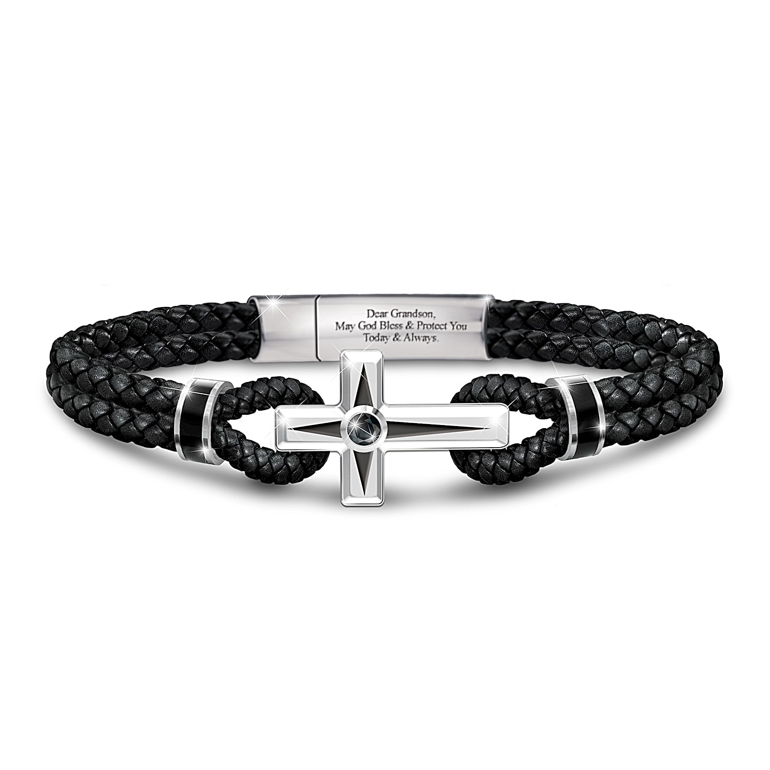 Prayer For My Grandson Black Leather Braided Bracelet With A Magnetic Clasp Featuring A Stainless Steel Religious Cross Hand Set With A Black Sapphire