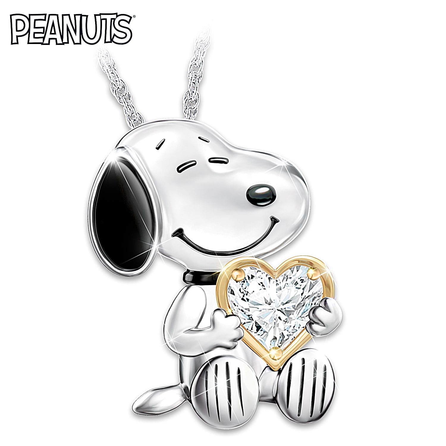 PEANUTS Snoopy Forever Womens Platinum Plated Pendant Necklace Featuring 18K Gold Plated Hand Enameled Accents