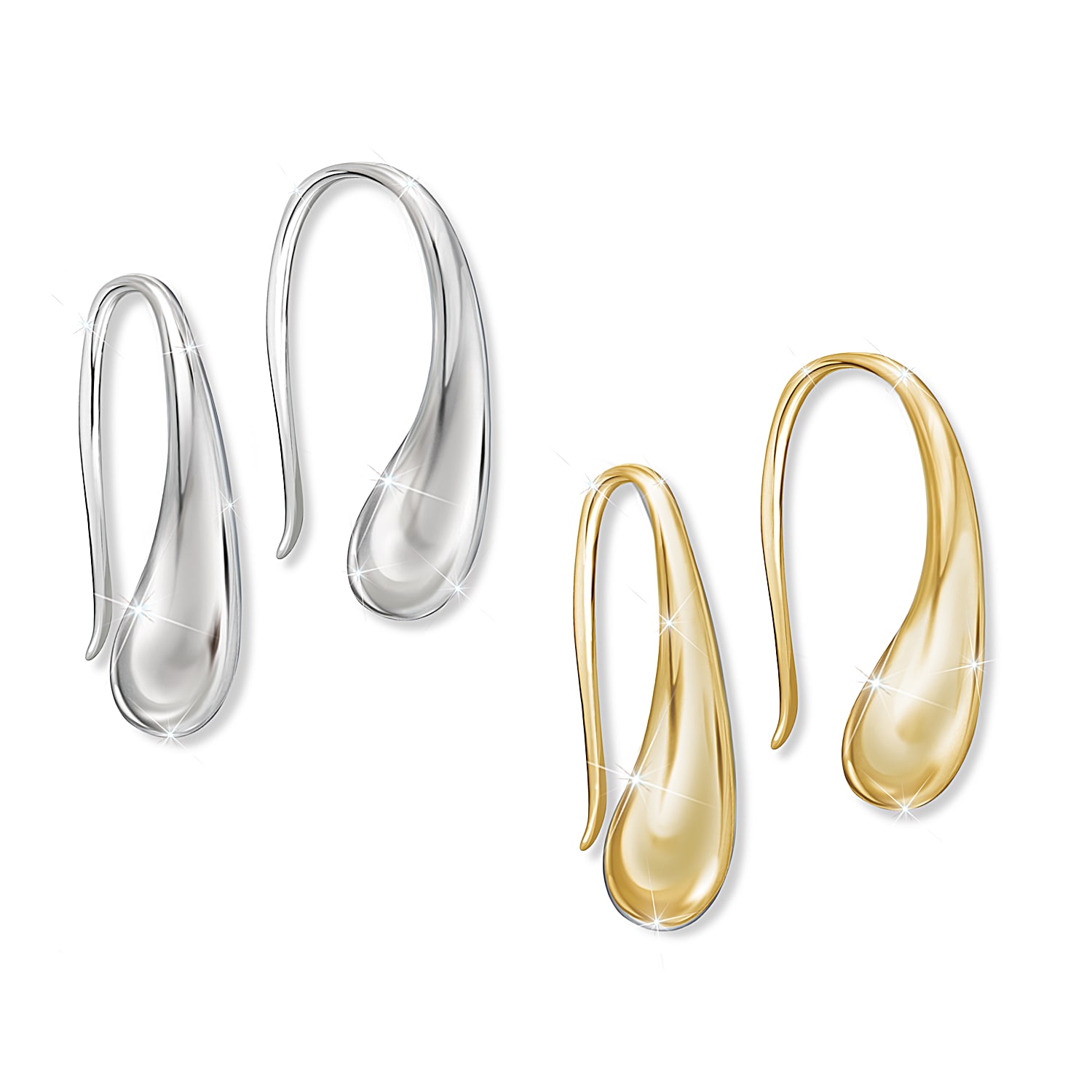 Dewdrops Of Style Set Featuring A Pair Of Sterling Silver And A Pair Of 18K Gold Plated Earrings Featuring A Modern Design Without A Back Closure