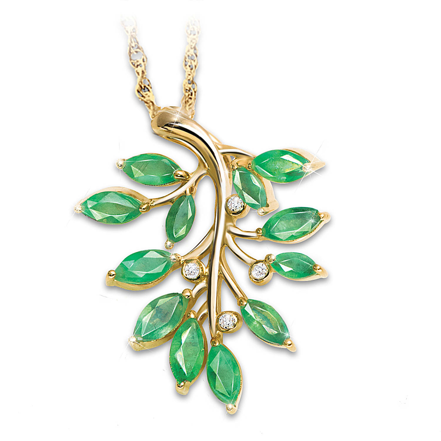 Enchanted Beauty 18K Gold Plated Branch Pendant Necklace Featuring 1 Dozen Marquise Cut Emeralds In The Shape Of Leaves And Adorned With 4 Diamonds