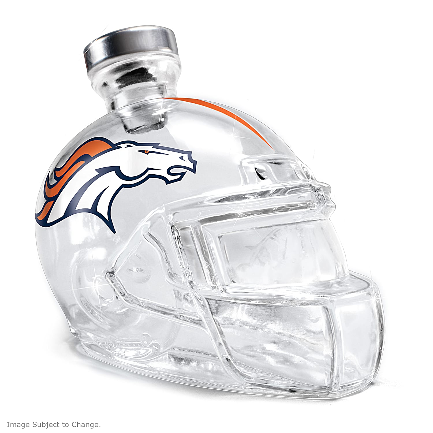 Denver Broncos NFL Helmet Glass Decanter Featuring Team Logos On Each Side  And On The Stopper