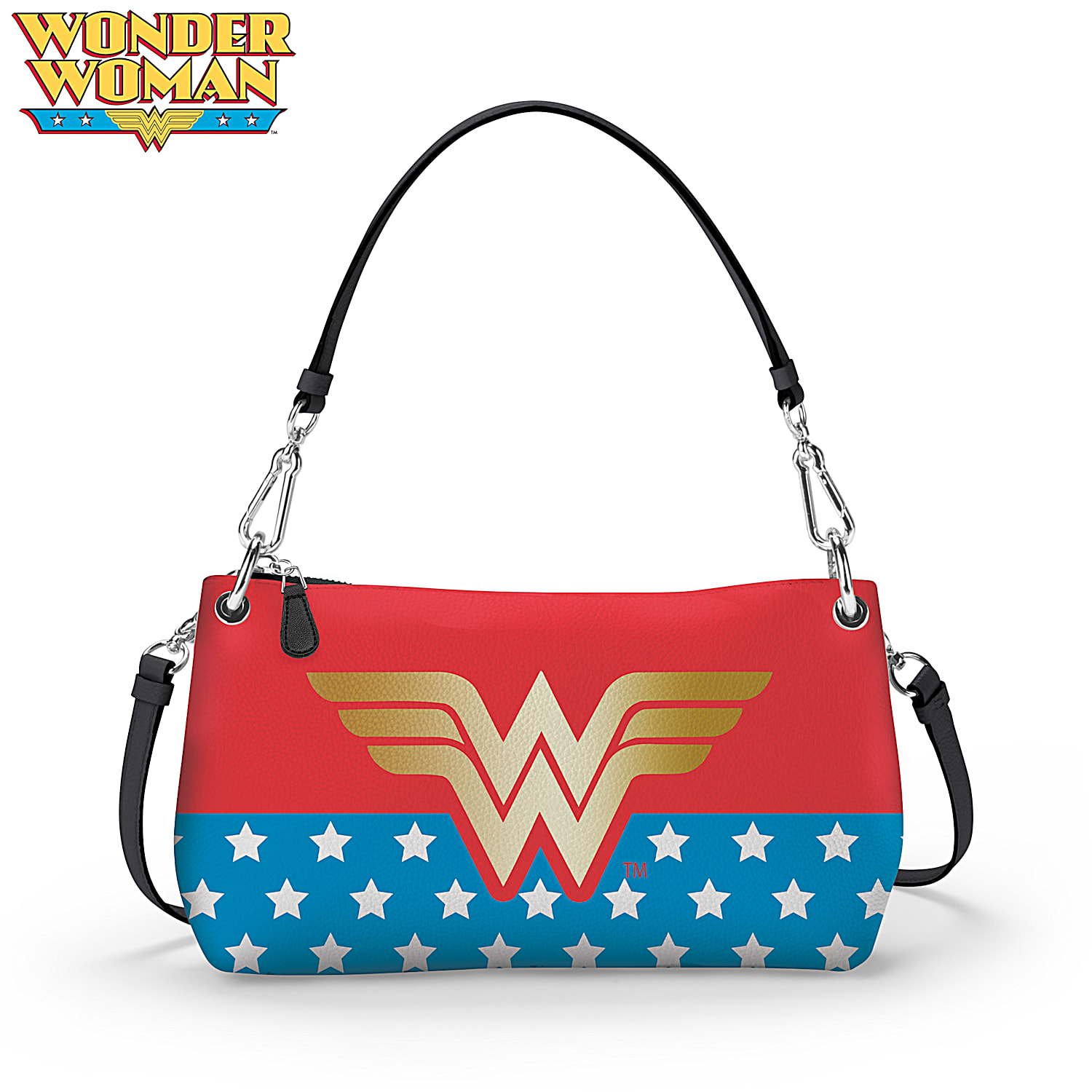 DC Comics Wonder Woman Convertible Handbag Featuring The Iconic Wonder Woman Logo In Gold With A Patriotic Background