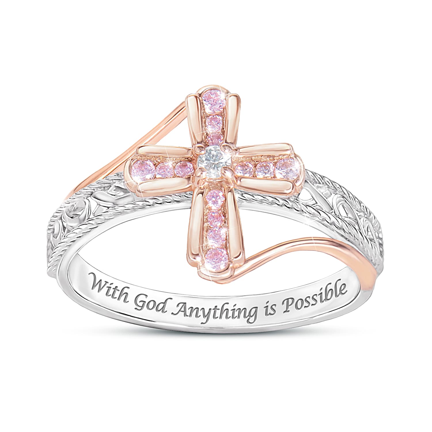 Sterling Silver Cross Ring With 18K Rose Gold Accents And 15 Pink And White Simulated Diamonds