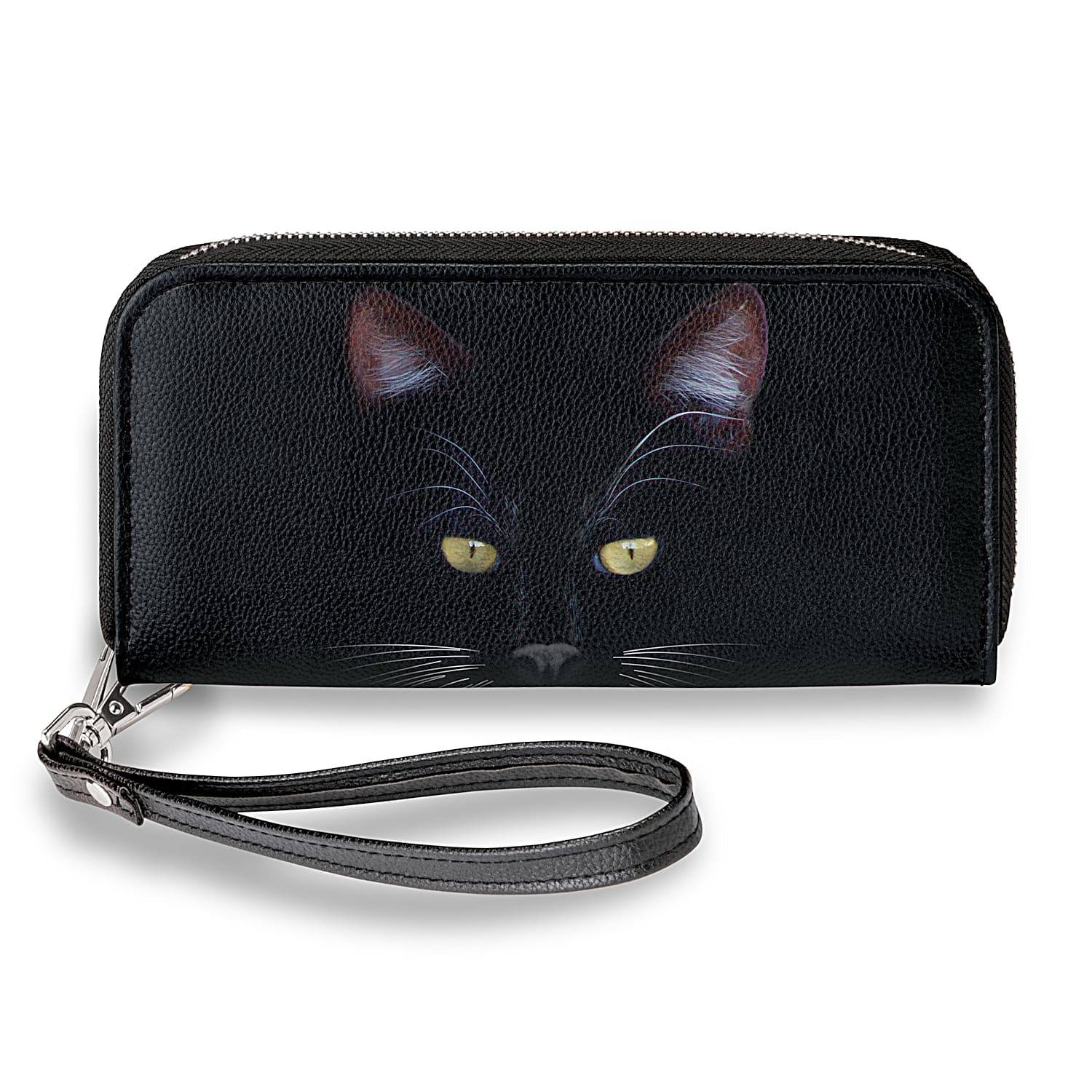 MystiCool Cat Womens Cat-Themed Black Faux Leather Wallet With A Removable  Wristlet Strap