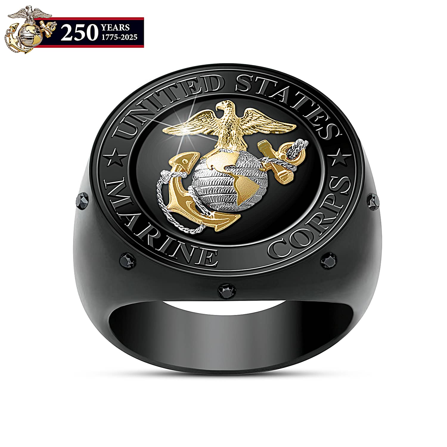 8 Genuine Black Sapphires Semper Fidelis Ring