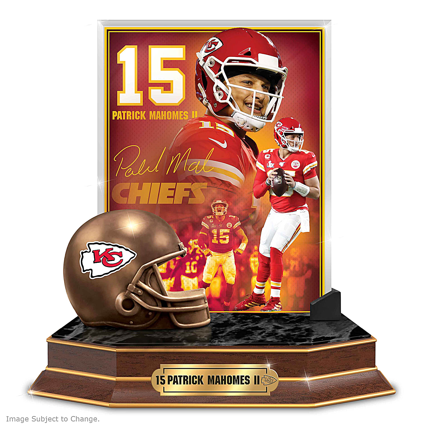 Kansas City Chiefs Patrick Mahomes II NFL Tribute Sculpture Featuring A Glass Panel With Images Of The MVP QB In Action Atop A Mahogany Finished Base