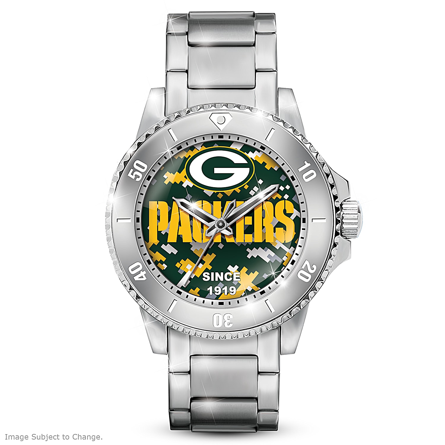 Green Bay Packers Mens Stainless Steel Watch Featuring A Digital Camo Print On The Center Dial In Team Colors
